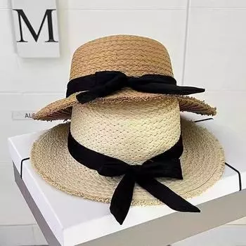 Seaside outing beach hat flat top straw top hat breathable comfortable straw hat summer sunshade sun protection hat female bow M56-58cm бежевый