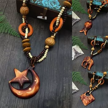 Seaside Play Хлопок Лен Ветер Деревянные Бусины Живописное Место Длинное Ожерелье Орнамент Ожерелье 82cm