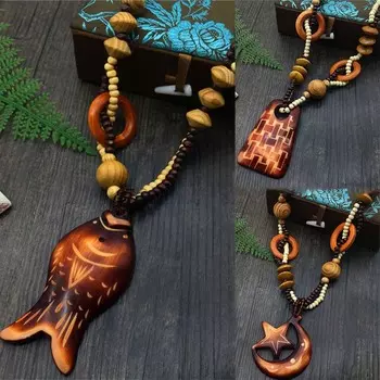 Seaside Play Живописное место Ожерелье Хлопок Лен Ветер Длинное Ожерелье Украшение из Деревянных Бусин 82cm