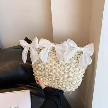 Seaside Resort Straw Bag Women s Summer Beach Bag Bow Braided Large Capacity Crossbody Bag хаки