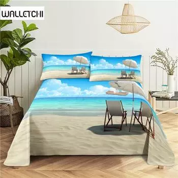 Seaside Scenery 0.9/1.2/1.5/1.8/2.0m Digital Printing Polyester Bed Flat Sheet With Pillowcase Print Bedding Set 150X230cm(2Pcs)