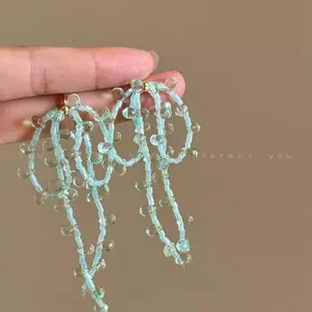 Seaside Vacation Style Mint Green Crystal Tassel Beaded Earrings Women s Square round Face Suitable Long Exaggerated Ear Jewelry Mint Green Drop Beaded Earrings-Silver Pins