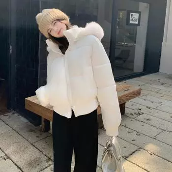 Season fur collar casual cotton jacket short design women s warm down cotton jacket hooded jacket S
