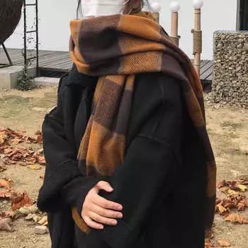 Season Sense~ Клетчатый шарф для женщин, зимний, с принтом «Тысяча птиц», длинная утолщенная шаль двойного назначения для мужчин тёмно-синий