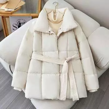 Season women s waist season stand-up collar down cotton clothes solid color lace-up women s versatile jacket M