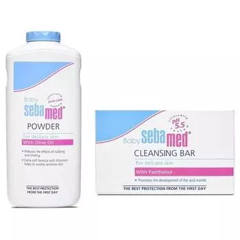 Sebamed Детская присыпка, 200 г и очищающее мыло для малышей (100г)