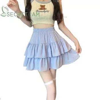 Secret Jam Юбки-торты с рюшами для женщин с высокой талией, однотонные однотонные милые милые девушки в корейском стиле, нежный весенний повседневный стиль XXL белый