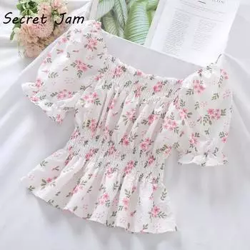 Secret Jam Sweet Broken Flower Slash Neck Женская блузка Agaric Edge Pleat Design Тонкий эластичный пояс Укороченный топ Милая шифоновая футболка Лето L зелёный