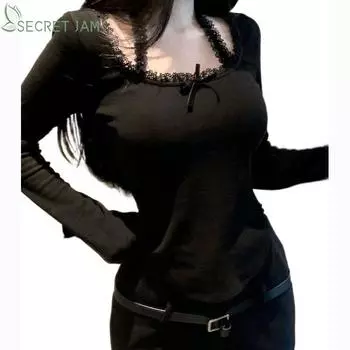 Secret Jam Весенняя женская модная однотонная кружевная футболка с длинными рукавами XL чёрный