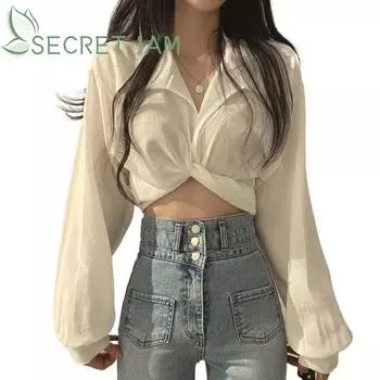 Secret Jam Винтажная уличная одежда Harajuku Сексуальная женская блузка Укороченный топ Корейский стиль Тенденции Черно-белая рубашка с длинным рукавом Женская туника Шикарная XS чёрный