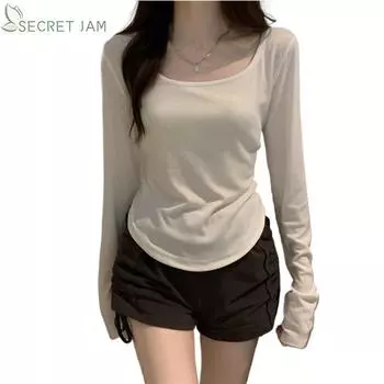 Secret Jam, весенне-осенняя женская модная и повседневная однотонная футболка с длинными рукавами XXL белый