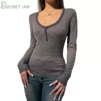 Secret Jam Женская модная футболка с v-образным вырезом, низкой талией и пуговицами, длинными рукавами L серый