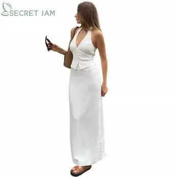 Secret Jam женский модный и сексуальный топ с v-образным вырезом и бретелькой на подтяжках, юбка с разрезом и низкой талией, комплект из двух предметов L белый