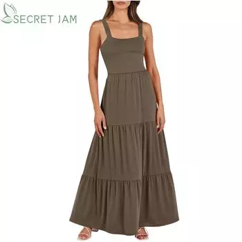 Secret Jam Женское повседневное платье без рукавов с подтяжками, однотонное повседневное свободное платье с карманами, плиссированное платье XXL чёрный