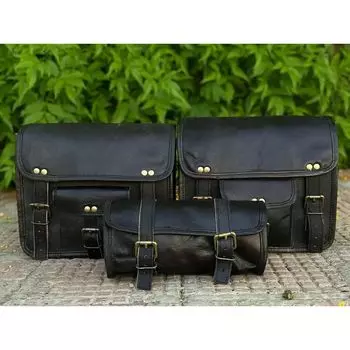 Седельные сумки Три черные кожаные мотоциклетные боковые сумки-корзины 3 сумки Combo Pack чёрный