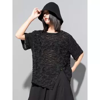 See-through Women s Summer T-shirt Short Sleeve Loose Tops Fashion Personality Mesh T-shirt Special-Interest Design Asymmetrical Trendy T Black M