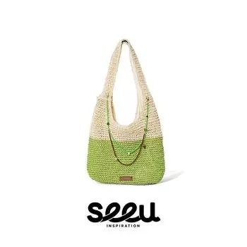 Seeu Perth Coast Straw Bag Woven Bag Shoulder Bag Large Capacity Commuter Bag Vacation Style Beach Bag Tote Bag Perth Coast Straw Pack-Green