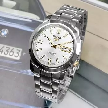 Seiko 5 Мужские автоматические комбинированные металлические часы Day-Date из белого золота SNKK09K1