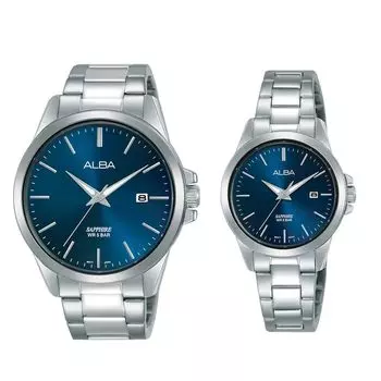 SEIKO ALBA Seiko Alba Pair Watch Navy Silver Quartz Analog Date Calendar Часы из нержавеющей стали с браслетом для мужчин и женщин Японский механизм Business