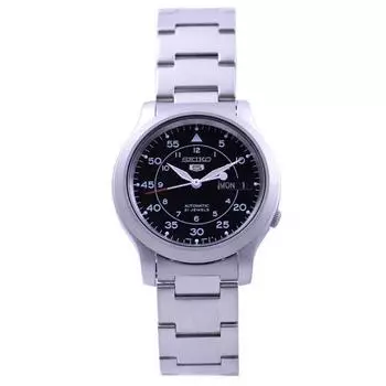 Seiko мужские SNK809K1 (Seiko5 с автоподзаводом, желтый, черный циферблат, серебристый ремешок) Круглые часы серебряные аналоговые