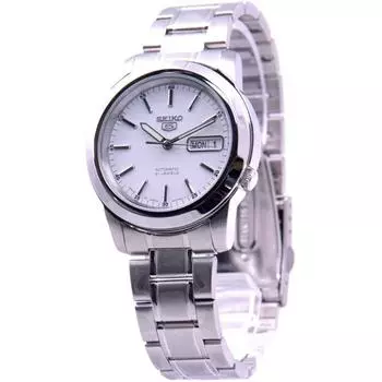 Seiko мужские SNKE49J1 (Seiko5 с автоподзаводом, желто-белый циферблат) Круглые часы из серебристой нержавеющей стали, аналоговые