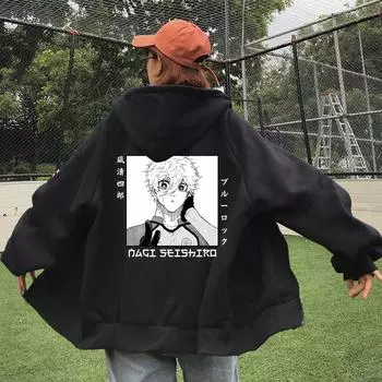 Seishiro Nagi BLUE LOCK Манга Толстовки на молнии Аниме Графический кардиган с принтом Одежда с капюшоном Мужчины Женщины Модная куртка на молнии Толстовки S чёрный