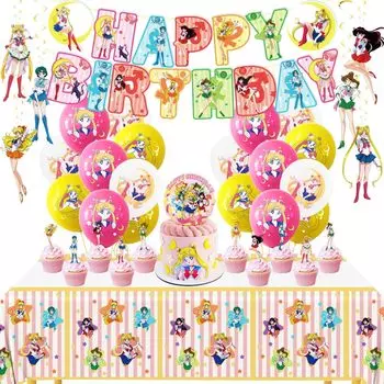 Сейлор Мун День рождения Украшения Праздничный набор Цукино Усаги Аниме Манга Милые 3 Забавные Розовые Розы Желтые Персонажи Дети Девочка С Днем Рождения Гирлянда светло-синий