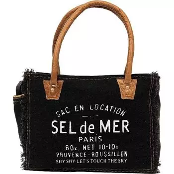 Sel De Mer Ручная сумка из переработанного холста Большая сумка из переработанного холста и воловьей кожи Сияющая кожаная сумка из переработанного холста 13 x 5 x 10 in чёрный