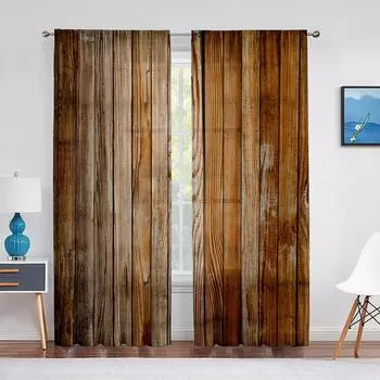 Сельский дом Стиль Западный Коричневый Примитивный Деревянный Тюль Шторы для Гостиной Шифоновая Прозрачная Вуаль Кухня Спальня Оконные Занавески 1 PCS W100XH250cm&Rod Pocket