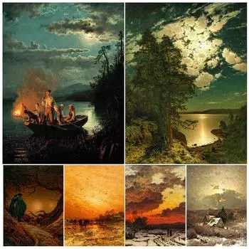 Сельский вечерний вид Ретро настенная живопись маслом Фэнтези Сельский художественный постер 21cm30cm NoFrame