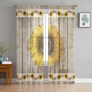Сельскохозяйственный подсолнух винтажный деревянный деревенский тюль прозрачные оконные шторы для гостиной кухни детской спальни вуаль подвесная занавеска W135 x H114cm