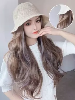 select Hat with wig Bucket hat Sunscreen Hat wig Long Pink ash Natural black Dark brown 3 colors 35cm curl Korean fashion KPOP Free arrangement Long