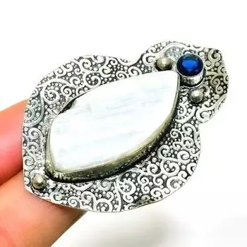 Селенит, голубой топаз, драгоценный камень 925, посеребренное ювелирное кольцо ручной работы, размер 6