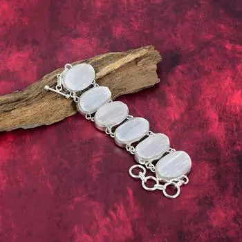 Selenite Druzy 925 Solid Sterling Silver Bracelet with Adjustable Chain, Handmade Gemstone Jewelry Bracelet For Memorial Day Adjustable With 8 Inches белый