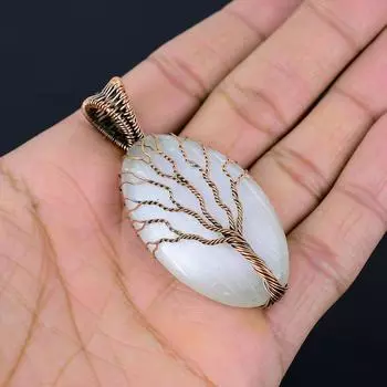 Селенитовый драгоценный камень ручной работы из чистой медной проволоки, ювелирный кулон для женщин 2.64 Inches белый
