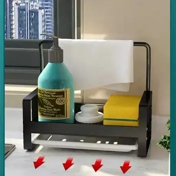 Self-draining Sink Shelf Aluminum Kitchen Sink Drain Rack Soap Sponge Holder Kitchen Racks with Drain Tray Soap Sink Organizer