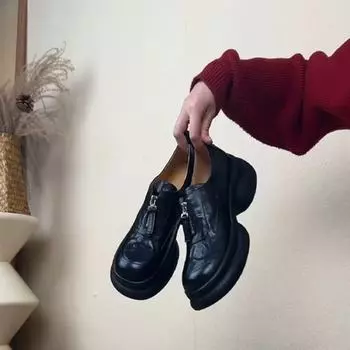 Self-kept version~ Thick-soled muffin bottom Deep mouth women s one-pedal round head retro small leather shoes Versatile single shoes 35