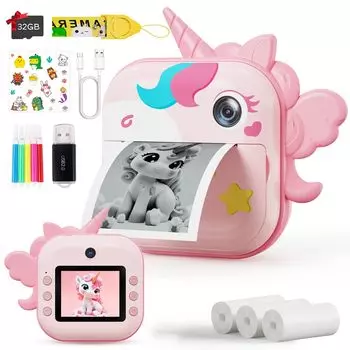 Selvim Print Camera Детская камера Игрушечная камера Мгновенная камера Термопринтер Цифровая печать Фотопринтер Принтер Наклейка Термобумага Дети розовый