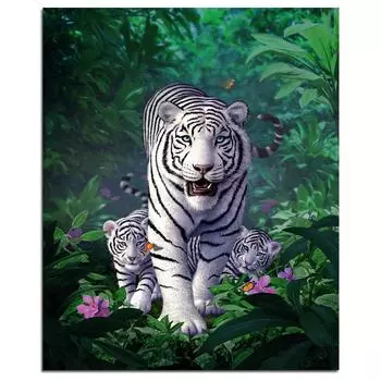 Семья белого тигра 5D DIY Алмазная картина Полная круглая алмазная вышивка 20X30CM