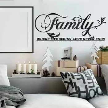 Семья, где жизнь начинается, а любовь никогда не заканчивается - черный металлический настенный знак, изделия из железа, настенное искусство, домашний декор и настенная наклейка чёрный