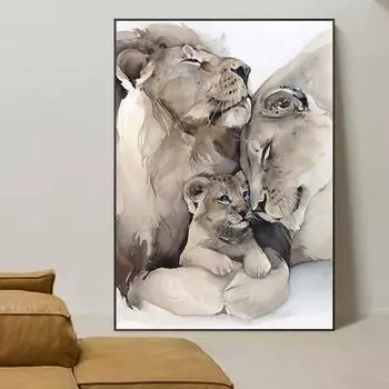 Семья львов Картина на холсте Абстрактные современные животные Постеры и принты Простая настенная живопись для гостиной Украшение дома 21x30cm No Framed