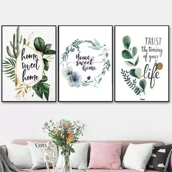 Семья Простая Цитата Милый Дом Печать Картины Зеленые Листья Плакаты Скандинавское Настенное Искусство Холст Картина Для Современного Декора Гостиной 21x30cm No Framed