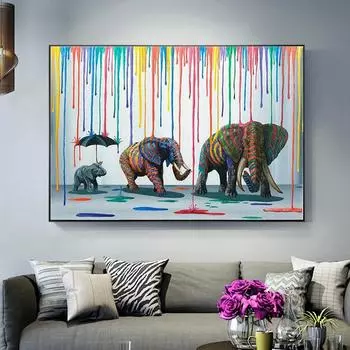 Семья слонов в радужном дожде, граффити, уличное искусство, холст, живопись с животными, постеры и принты, настенная картина для декора гостиной 20x30cm