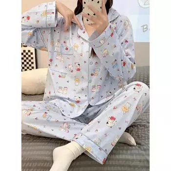 Sember Осенняя хлопковая пижама с рисунком для пар, кардиган, повседневная удобная женская пижама, шелковая пижама, женский комплект домашней одежды M