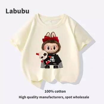 Семейная футболка Labubu Cool Style - Хлопковая футболка с коротким рукавом Дышащая Модная Простая Изысканная Универсальная Мультяшная печать 90cm абрикосовый