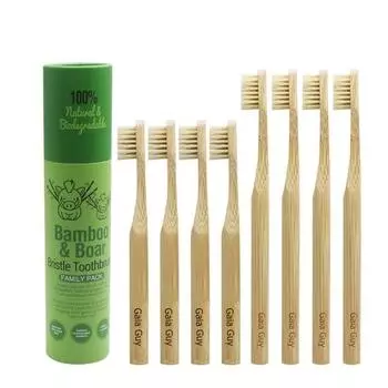 Семейная упаковка зубных щеток Gaia Guy Natural Bristle Bamboo — полностью компостируемая и биоразлагаемая щетина кабана — для 4 детей и 4 взрослых