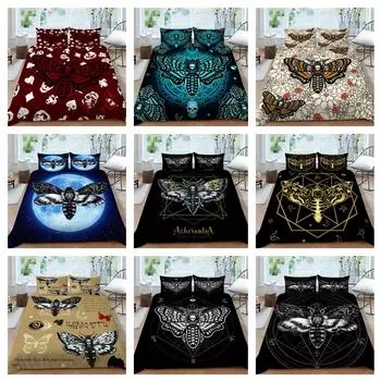 Семейное постельное белье Одноместная двуспальная кровать Полноразмерное постельное белье Мотылек с рисунком головы черепа Наволочка и пододеяльник с черным принтом Удобное моющееся украшение для дома UK Single 135x200cm