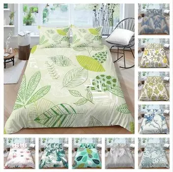 Семейное постельное белье, односпальная двуспальная кровать, полноразмерная серия с растительным принтом, постельное белье с узором в виде листьев, наволочка и пододеяльник, моющееся украшение для дома UK Single 135x200cm