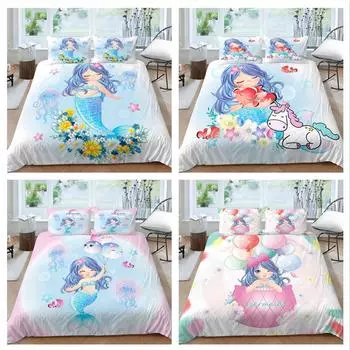 Семейное постельное белье, односпальная двуспальная кровать, полноразмерная наволочка принцессы-русалки и пододеяльник, подходит для украшения дома для девочек и детской комнаты UK Single 135x200cm