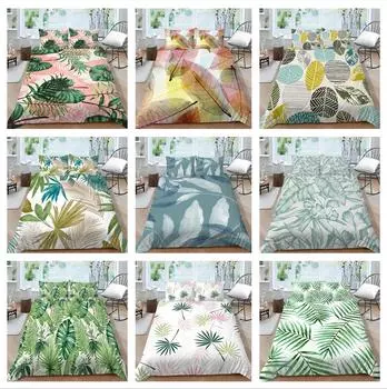 Семейное постельное белье, односпальная двуспальная кровать, полноразмерная серия с растительным принтом, постельное белье с рисунком листьев, наволочка и пододеяльник, моющееся украшение для дома UK Single 135x200cm